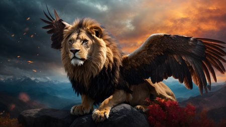Lion on a rock in the mountains.の素材