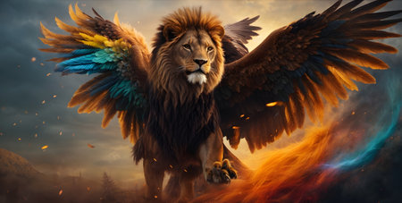 Fantasy lion with wings flying in the sky.の素材