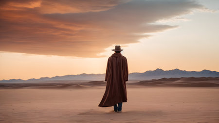 Handsome middle eastern man in the middle of the desert at sunsetの素材