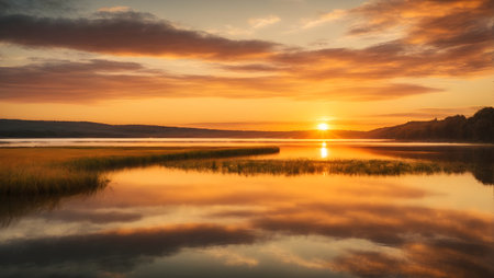 Beautiful sunset over a calm lake with reflection of clouds in the waterの素材