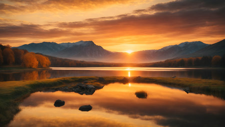 Mountain lake at sunset. Beautiful autumn landscape with mountain lake.の素材