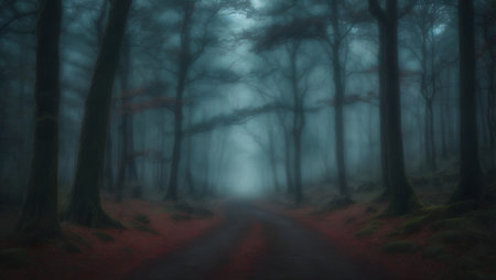 Foggy path in the woods at night. 3D renderingの素材
