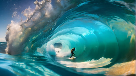 Surfer in ocean wave. Surfer on blue ocean wave.の素材