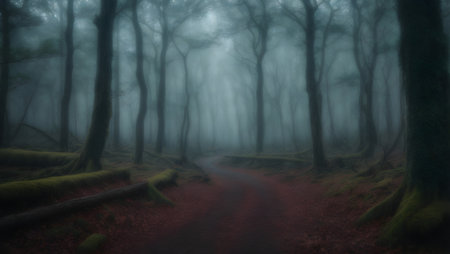 Panoramic view of a pathway in a dark forest with fogの素材