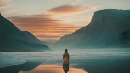 A man in a yellow raincoat stands in the middle of a lake with a beautiful sunset in the background.の素材