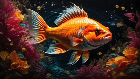 Beautiful goldfish in aquarium. Underwater world. 3D renderingの素材