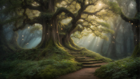 Fantasy landscape with dark old trees and stairs. 3d renderingの素材