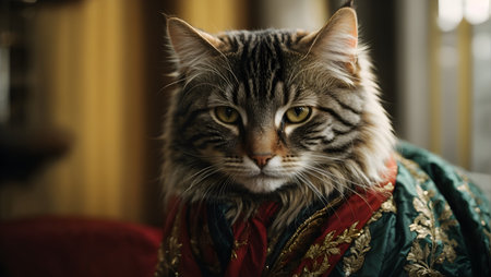 Close-up portrait of siberian cat in medieval costume.の素材