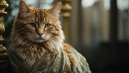Beautiful long-haired ginger cat in a medieval dress sits in the interior.の素材