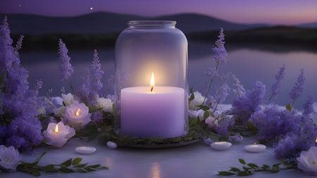 Candle in a glass jar with purple flowers on the background of a mountain landscapeの素材