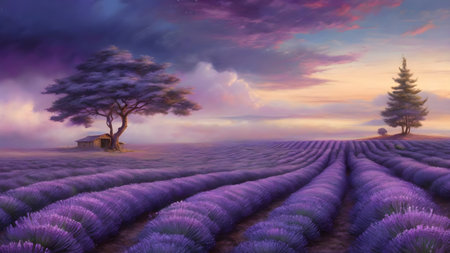 Lavender field in the sunset. 3d render. Illustration.の素材