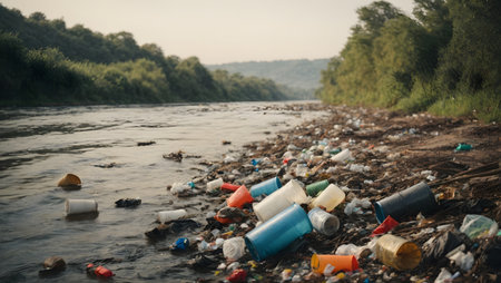 Pollution of the environment. Garbage on the river bank.の素材