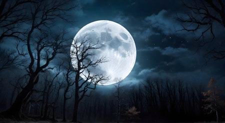 Full moon over dark forest at night. Halloween background. 3D renderingの素材