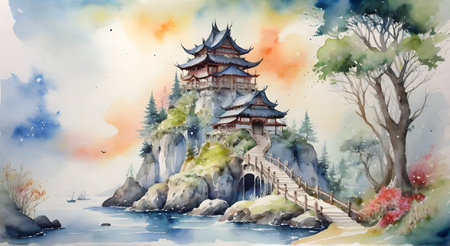 Watercolor painting of ancient pagoda on the island in watercolor styleの素材