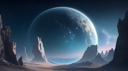 Fantasy alien planet. Mountain and moon. 3D illustration.の素材