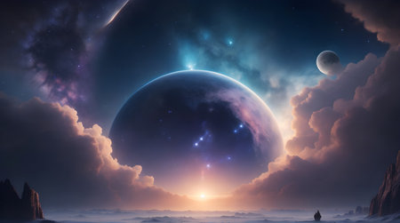 Fantasy landscape with planet and moon. 3d rendering illustration.の素材