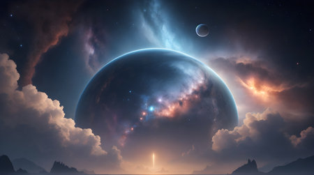 Fantasy alien planet in the night sky. 3D Renderingの素材