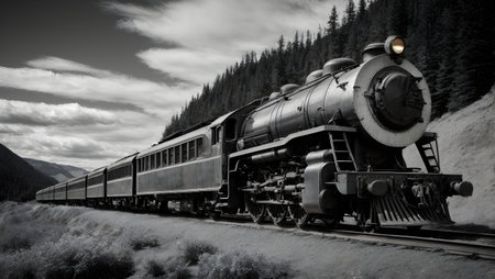 Vintage steam locomotive in the mountains. Black and white.の素材