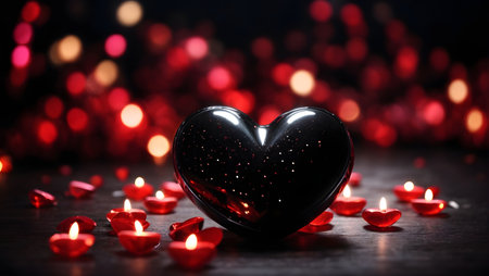 Valentine's day background with heart and red candles on wooden tableの素材