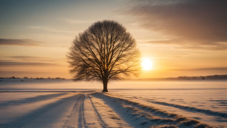 Beautiful winter landscape with lonely tree on snowy field at sunset.の素材