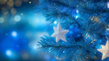 Christmas tree decoration on blue bokeh background with copy space.の素材