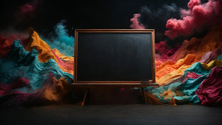 Blackboard and colorful smoke on black background. Back to school conceptの素材