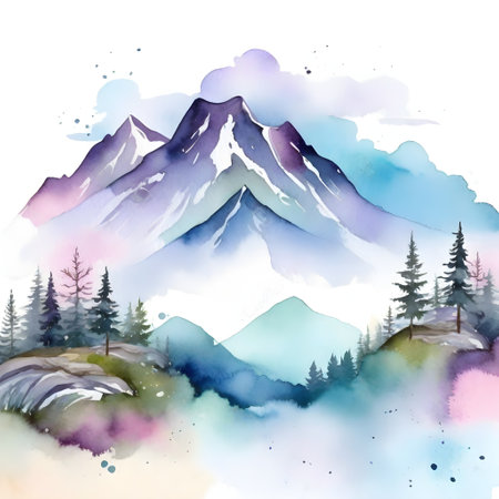 Watercolor mountain landscape with pine trees and mountains. Hand drawn illustrationの素材
