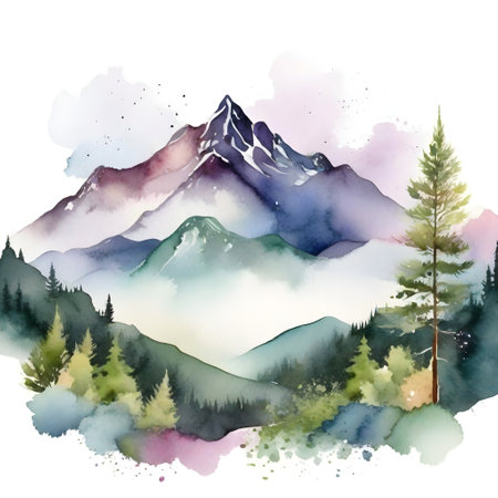 Watercolor mountain landscape with pine trees. Hand painted vector illustration.の素材