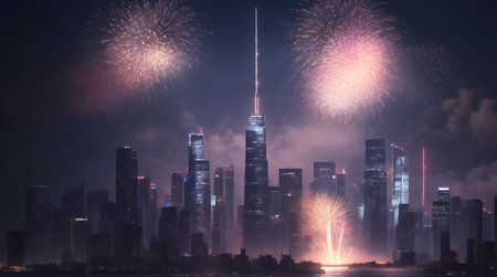 Beautiful fireworks display over the night cityscapeの素材