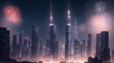 Shanghai skyline with fireworksの素材