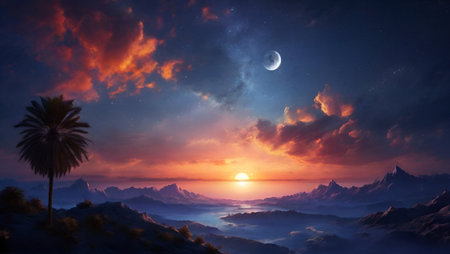 Fantasy alien planet. Mountain and sunset. 3D illustration.の素材