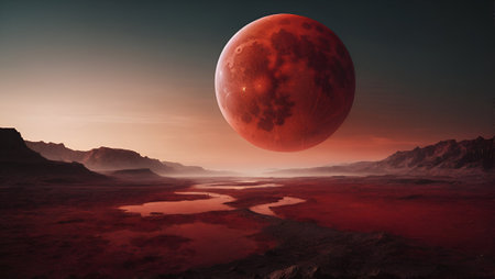 Fantasy alien planet. Mountain and lake. 3D illustration.の素材