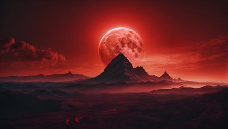 Fantasy landscape with mountains and red full moon.の素材