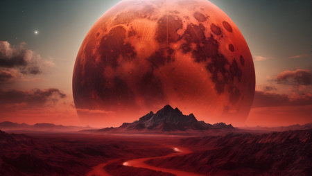 Fantasy alien planet. Mountain and river. 3D illustration.の素材