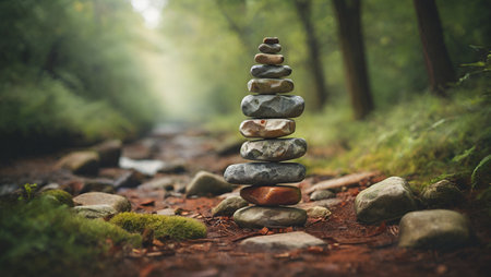 Pyramid of stones on the path in the forest. Zen conceptの素材
