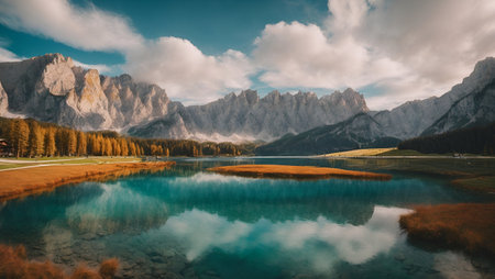 Panoramic view of Dolomites lake in autumn, Italyの素材