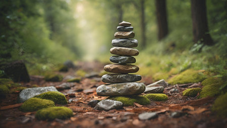 Stacked stones in the forest. Zen and harmony concept. Selective focus.の素材