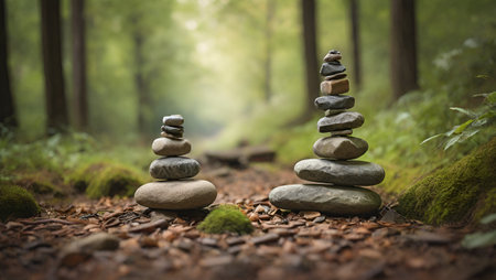Stacked stones in the forest. Zen concept. Selective focus.の素材