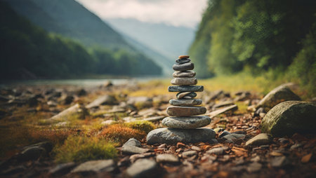 Stack of zen stones on the background of a mountain river.の素材