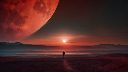 Man standing in front of the moon. 3D Rendering.の素材