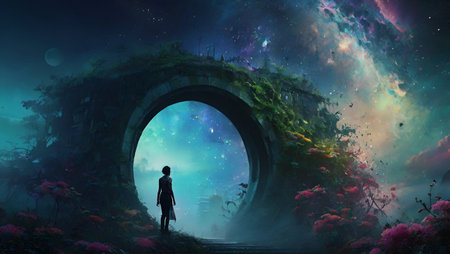 Mysterious scene of a woman standing in a dark tunnel with a fantasy landscape.の素材