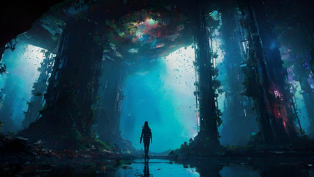 Zombie girl in deep forest. Horror scene. 3D renderingの素材