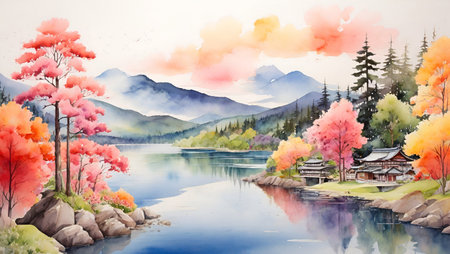 Watercolor painting of Japanese house on the lake in autumn season.の素材