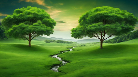 Beautiful nature background with green meadow and trees.の素材