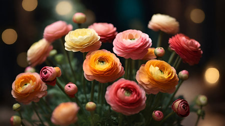 Beautiful ranunculus flowers on blurred background, closeup viewの素材