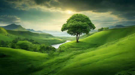 Beautiful landscape of green field with tree and river in the morningの素材
