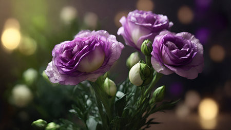Beautiful bouquet of purple eustoma flowers on dark backgroundの素材