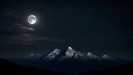 mountain peak at night with full moon and stars in the skyの素材