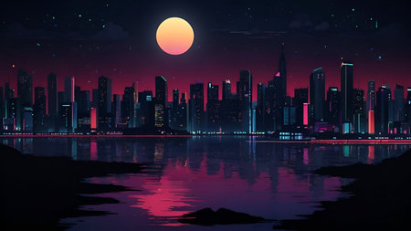 Futuristic city at night with a full moon.の素材