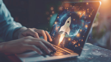 Close up of woman hands using laptop with rocket icon. Startup conceptの素材